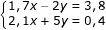 \small \dpi{80} \fn_jvn \left\{\begin{matrix} 1,7x-2y=3,8 & \\ 2,1x+5y=0,4 & \end{matrix}\right.